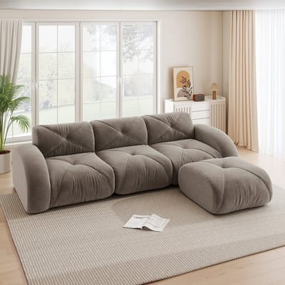 MODENUIT Hoekbank 3-Zits - Modulair Met Hocker En Antislip Onderzijde - Voor Woonkamer En Lounge - Chenille Bruin