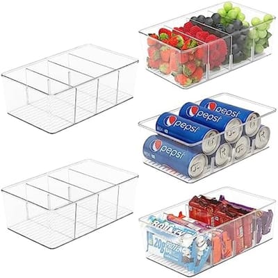 PromoHome Voedselopslag Organizer Set 5 Stuks - Multifunctionele Keukenorganisatie Bakken met Verwijderbare Verdelers - Transparante Opbergbakken voor Snoep, Blikjes, Dranken en Voorraad