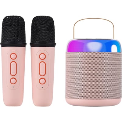 Ensemble microphone et boîte de son portables, Mini Machine à karaoké, haut-parleur BT avec 2 Microphones, pour la maison et l'extérieur rose
