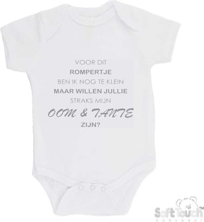 100% katoenen Romper "Voor dit rompertje ben ik nog te klein maar willen jullie straks mijn Oom & Tante zijn? " Unisex Katoen Wit/grijs Maat 62/68