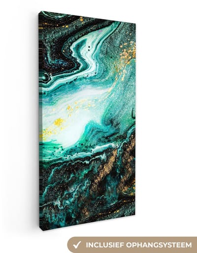 Canvas schilderij 20x40 cm - Wanddecoratie Marmerlook - Blauw - Goud - Glitter - Luxe - Marmer - Muurdecoratie woonkamer - Slaapkamer decoratie - Kamer accessoires - Schilderijen op canvas