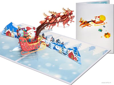 Popcards pop-up kaarten – Wauw! Super 3D Kerstkaart | Kerstman in arrenslee met 7 vliegende rendieren 3D wenskaart