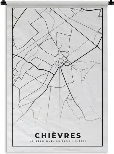 Wandkleed - Wanddoek - Kaart – Plattegrond – Stadskaart – Chièvres – België – Zwart Wit - 120x180 cm - Wandtapijt