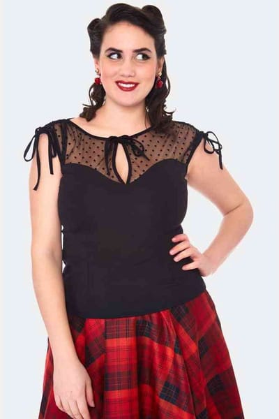Voodoo Vixen - Heart Patterned Mesh Sleeveless Top - M - Zwart