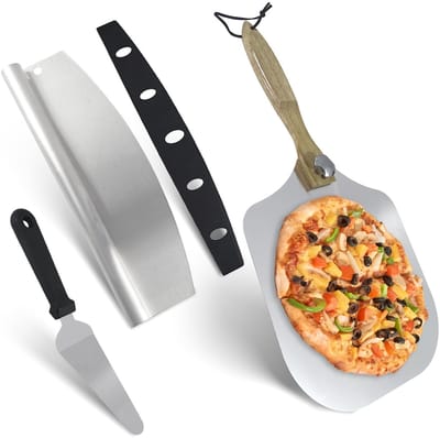 Dailygoods - Pizzaschep set, aluminium pizzaschep 30 cm (12 inch) met draaibaar houten handvat + pizzasnijder van roestvrij staal + kaasschep, pizza-accessoires, geschikt voor de oven