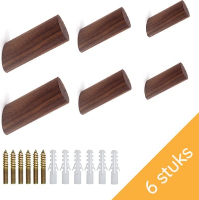 Homium Houten wandhaken - Walnoot - 6 stuks - 8 cm - Kapstokhaak - Jashaak - Handdoekhaak