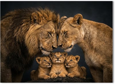 Modern Schilderij Woonkamer - Canvas Kunstwerk - 90 x 60 cm - Leeuwen Familie No3 - PosterGuru