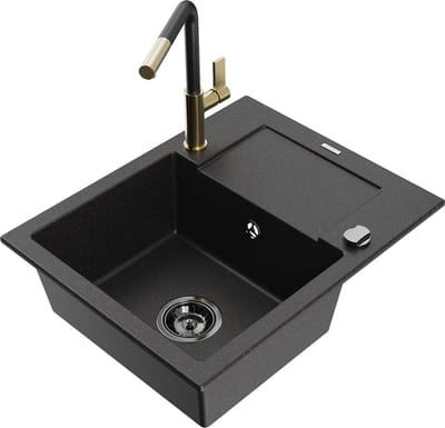 Mexen Enzo granieten gootsteen 1-bak met afdruiprek en keukenkraan Flora, zwart/zilver metallic - 6506-73-670401-57-B