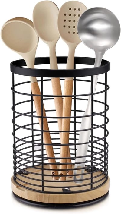 Keukenhulpmiddelen van RVS met Houten Basis - Grote Houder voor Keukenaccessoires 13.5 x 13.5 cm, Zwart en Duurzaam