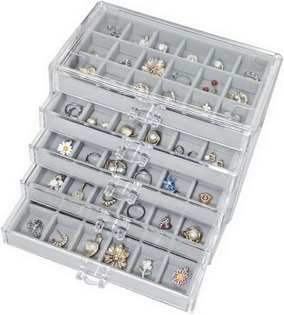 Stijlvolle Acryl Sieradenbox met 5 Lagen en Verwijderbare Lades voor Organisatie van Kettingen, Ringen en Oorbellen