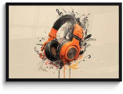 Poster in lijst - Fotolijst 90x60 cm - Posters - Koptelefoon - Oranje - Explosief - Posterlijst zwart - Decoratie - Wanddecoratie woonkamer - Muurdecoratie slaapkamer