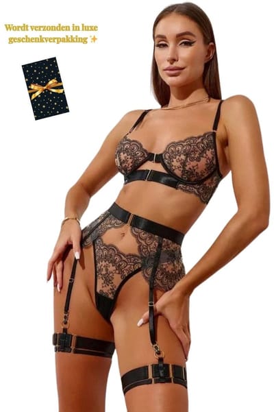 Luxe Lingerieset Dames – Lingerie Erotisch – Sexy Lingerie – 4-delige set – Zwart Kant – Lingerie Setje – Verleidelijke BH met Jarretels & Hoge Taille String – Sexy Lingerie – Chique – Luxe –Boudoir Look – Kinky – Erotisch – Maat XS/S, M, L, XL