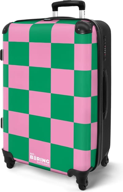 NoBoringSuitcases.com® - Koffer groot - Rolkoffer lichtgewicht - Valies roze met groen schaakbord print - Reiskoffer op 4 wielen - Valiezen reizen volwassenen - Bagagekoffer - Grote trolley XL - 20 kg bagage