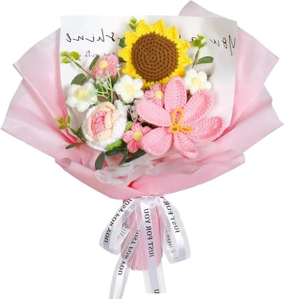 Handgemaakt Gebreid Bloemenboeket met Tulpen, Zonnebloemen en Rozen voor Moederdag, Verjaardagen en Valentijnsdag - Perfecte Cadeaus voor Vrouwen en Vriendinnen (Roze)