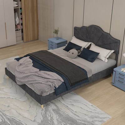 MODFU - Bedframe 140x200 cm – Gestoffeerd met geometrisch design – Grijs