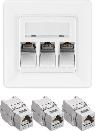 kwmobile 3 keystone adapters voor CAT6A kabels - Inclusief 3-poort wandcontactdoos met RJ45 poort - Met afgeschermde metalen behuizing