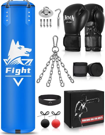 Zware bokszak opknopset met handschoenen en accessoires voor kickboksen en MMA