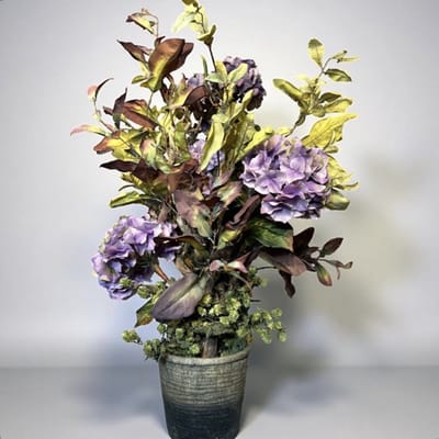 Seta Fiori - Kunstplant - Hortensia struik in landelijke pot – Herfstarrangement met hopranken – 100 cm hoog