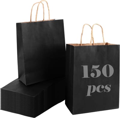 150 Stuks Zwarte Papieren Tassen, Kraft Tassen 15 x 8 x 21 cm, Draagbare Tassen voor Cadeaus, Feestjes en Dagelijks Gebruik