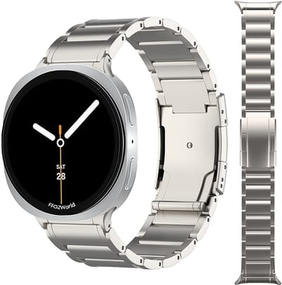Stravo Titanium schakel horlogeband – Geschikt voor Samsung Galaxy Watch 9 (40/44mm) / Watch 8 (40/44mm) / 8 Classic (46mm) – Hoogwaardig titanium bandje met veiligheidsdruksluiting, inclusief inkortset – Titaniumkleur