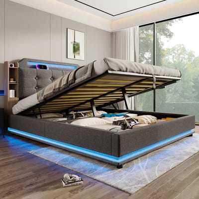 MODFU Luxe Opbergbed met Gasveer (140x200) - Grijze Twijfelaar met LED-Verlichting & USB-C - Linnen-look