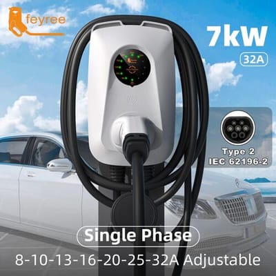 Feyree 7 kW lader voor elektrische voertuigen type 2 32 A met instelbare stroomsterkte, snellaad-stopcontactversie, wandgemonteerd laadstation voor