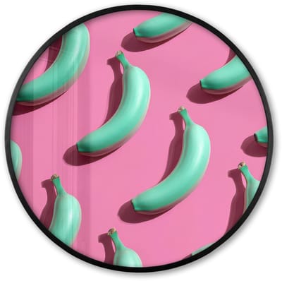 Poster in lijst Rond - Fotolijst 60x60 cm - Posters - Bananen - Patroon - Blauw - Roze - Ronde posterlijst zwart - Decoratie - Wanddecoratie woonkamer - Muurdecoratie slaapkamer