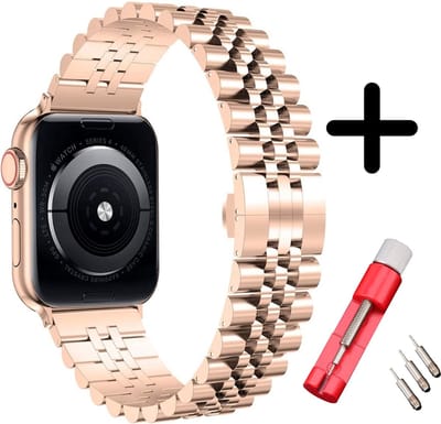 Strap-it Jubilee stalen band - Geschikt voor Apple Watch bandje - Series 1/2/3/4/5/6/7/8/9/10/11/SE/SE2/SE3 - Rose Gold - Staal/metalen schakel band met vlindersluiting - Voor maat: 38 / 40 / 41 / 42mm - Met inkorter toolkit