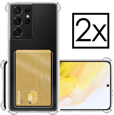 Hoesje - 2 Stuks - Geschikt voor Samsung Galaxy S21 Ultra - Met Pashouder en Kaarthouder - Telefoon Hoes Shockproof - Siliconen Case - Back Cover - Shock Proof - Pasjes Houder - Transparant