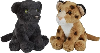 Ravensden - Safari dieren knuffels - 2x stuks - Zwarte Panter en Luipaard - 15 cm