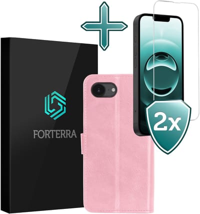 Hoesje Met 2x Screenprotector - Geschikt voor Apple iPhone 16e - Luxe Pasjeshouder - Flip Case - Bookcase Portemonee - Kunstleer Book Case - Flipcase Hoes - Book Cover - Walletcase - Portemonneehoes - Lichtroze
