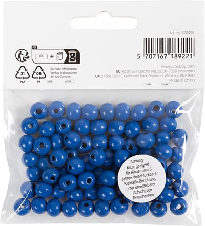 Houten Kralen, d 8 mm, gatgrootte 2 mm, ca. 80 stuk, blauw, 15 gr/ 1 doos