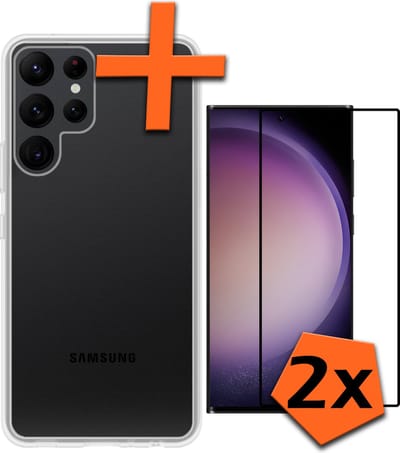 Hoes - Met 2x Screenprotector - Geschikt voor Samsung Galaxy S23 Ultra - Sterk & Shockproof - Back Cover - Siliconen Case - Telefoon Hoes - Transparant