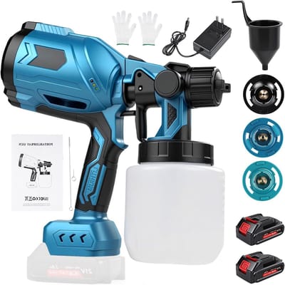 Dailygoods - Elektrische verfspuit, draadloos, 500 W, elektrisch verfpistool met tank 1000 ml, 3 sproeiers en 3 patronen, voor tuinhuisjes, meubels, hekken, muren