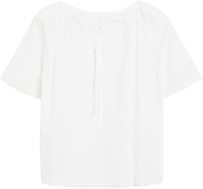 Vrouwelijke Blouse met Korte Mouwen van Gemengd Linnen met Rimpeling en Versierd met een Strik s.Oliver