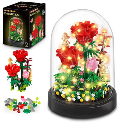 HOGOKIDS Bloemboeket Rode Rozen Bouwstenen – Mini 596 Delen - Met LED Verlichting & Displaykap - Bonsai Boom Botanische Bouwpakket voor Volwassen Vriendin Vrouw