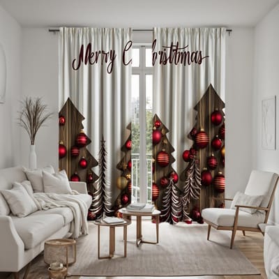Boule de Noël rouge cravate HD numérique 2 pièces rideau d'arbre de Noël décoration de style décoration de maison salon chambre à coucher tringle à rideaux c W52H63inchW132H160cm gray