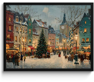 Poster in lijst - Fotolijst 80x60 cm - Posters - Kerstsfeer - Stadsplein - Kleurrijk - Posterlijst zwart - Decoratie - Wanddecoratie woonkamer - Muurdecoratie slaapkamer - Kerstversiering - Kerstdecoratie voor binnen - Kerstmis