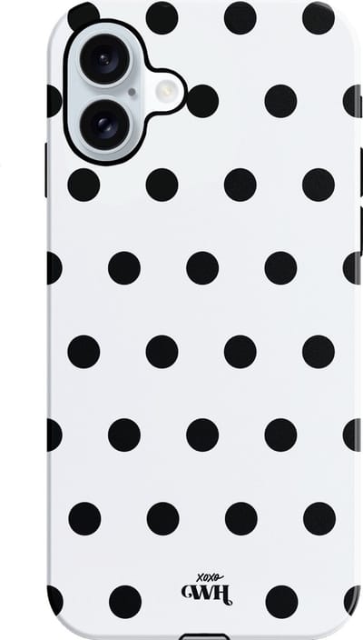 xoxo Wildhearts Polka Dots (Wit) - Double Layer - Hoesje geschikt voor iPhone 16 hoesje - Hard case met stippen patroon - Beschermhoes - shockproof case - Stippatroon - Wit / Zwart