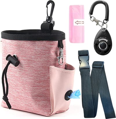 Honden Beloningstasje met schouderband & Clicker - Heuptasje voor Koekjes, Snacks & Poepzakjes - Trainingstasje Roze - Hondentraining starterpakket