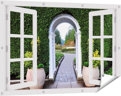 Gards Tuinposter Doorkijk Doorkijk met Potten - 120x80 cm - Tuindoek - Tuindecoratie - Wanddecoratie buiten - Tuinschilderij