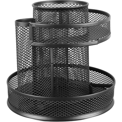 Draaiende Pennenhouder Zwart Gaas 7 Vakken Sterke Metalen Draaiende Bureau-organizer voor Familie gray