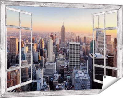 Gards Tuinposter Doorkijk New York Skyline met Wolkenkrabbers - 120x80 cm - Tuindoek - Tuindecoratie - Wanddecoratie buiten - Tuinschilderij
