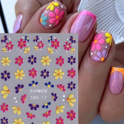 Kleurrijke Reliëf Bloemen Nagelstickers, Semi-Glanzende Onregelmatige Fantasy Bloemen Nagellak Decals, Eenmalig Gebruik DIY Zelfklevende Zomer Manicure Decoratie