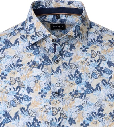 VENTI modern fit overhemd - popeline - blauw - beige en wit bloemen dessin - Strijkvrij - Boordmaat: 42