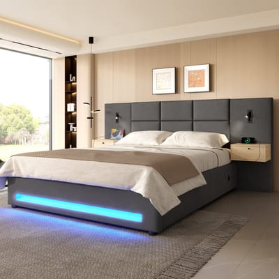 MIVRAY Gestoffeerd Bed 180x200cm Zonder Matras - Met Opbergruimte En Hydraulische Lift - Met Nachtlicht En Oplaadpoort - Fluweel - Donkergrijs