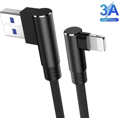 DrPhone D9 90° Lightning Oplaadkabel – 2 Meter – 3A – Nylon Gevlochten – Dubbele Haakse Connector – Zwart