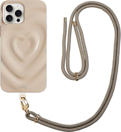 xoxo Wildhearts Biggest Love Creme Cord Case - Geschikt voor iPhone 12 Pro Max - Hoesje met koord - Kwalitatieve backcover - Telefoonhoesje met hartjes patroon - Hartenpatroon - met camerabumper - Hearts - Beige - Creme