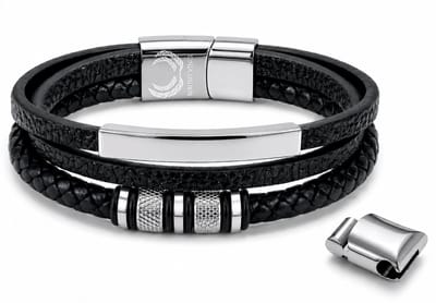 Armband Heren Leer Zwart Zilver- kleurig – Mauro Vinci® Franci Heren Armband met RVS Details – Verstelbare Leren Armband Heren 19.5 cm tot 21 cm – Stoere Mannen Armband – Inclusief Luxe Geschenkverpakking