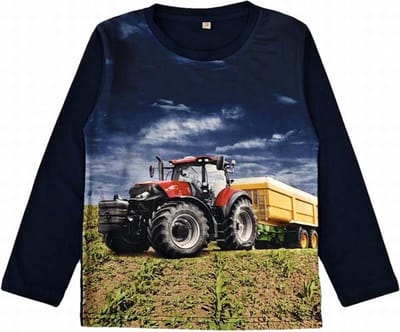 Kinder longsleeve trui met tractor trekker met oplegger aanhanger | Kleur blauw | Maat 146/152 | kinder sweatshirt | Zeer mooi! Full colour print!
